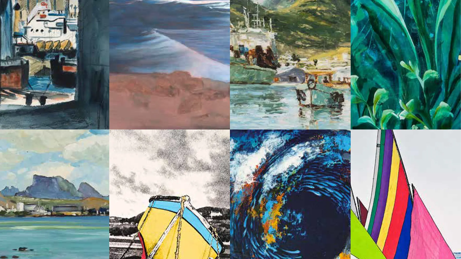 Collage of eight coastal paintings: harbor boats, waves, green leaves, a mountain bay, a yellow boat, and colourful sails.